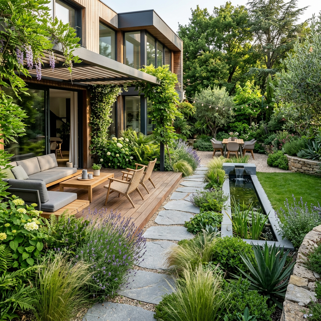 Modern house patio with wooden deck, seating area, and lush garden