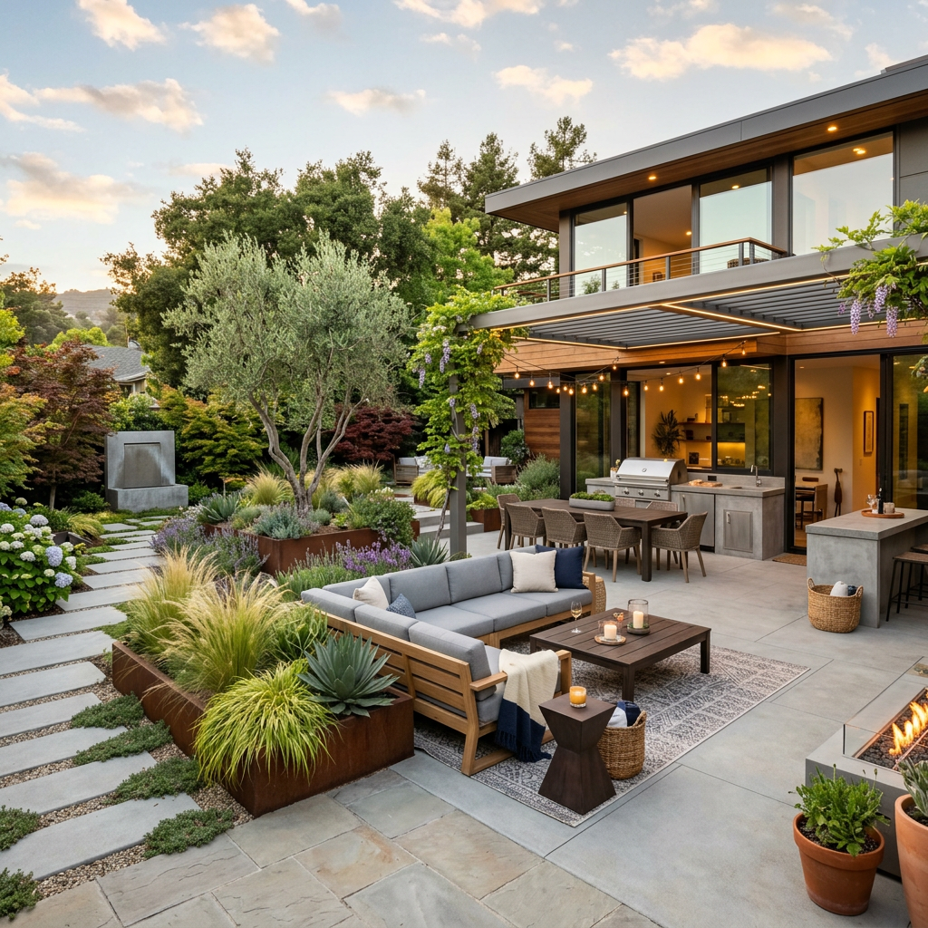 Modern backyard patio with sectional sofa, dining table, outdoor kitchen, and decorative plants