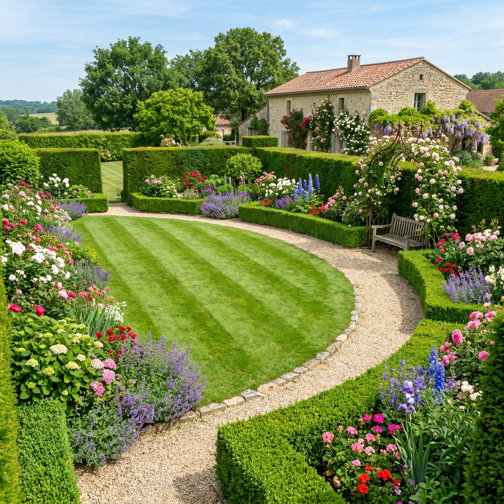 Manicured English garden with flower borders and a stone cottage