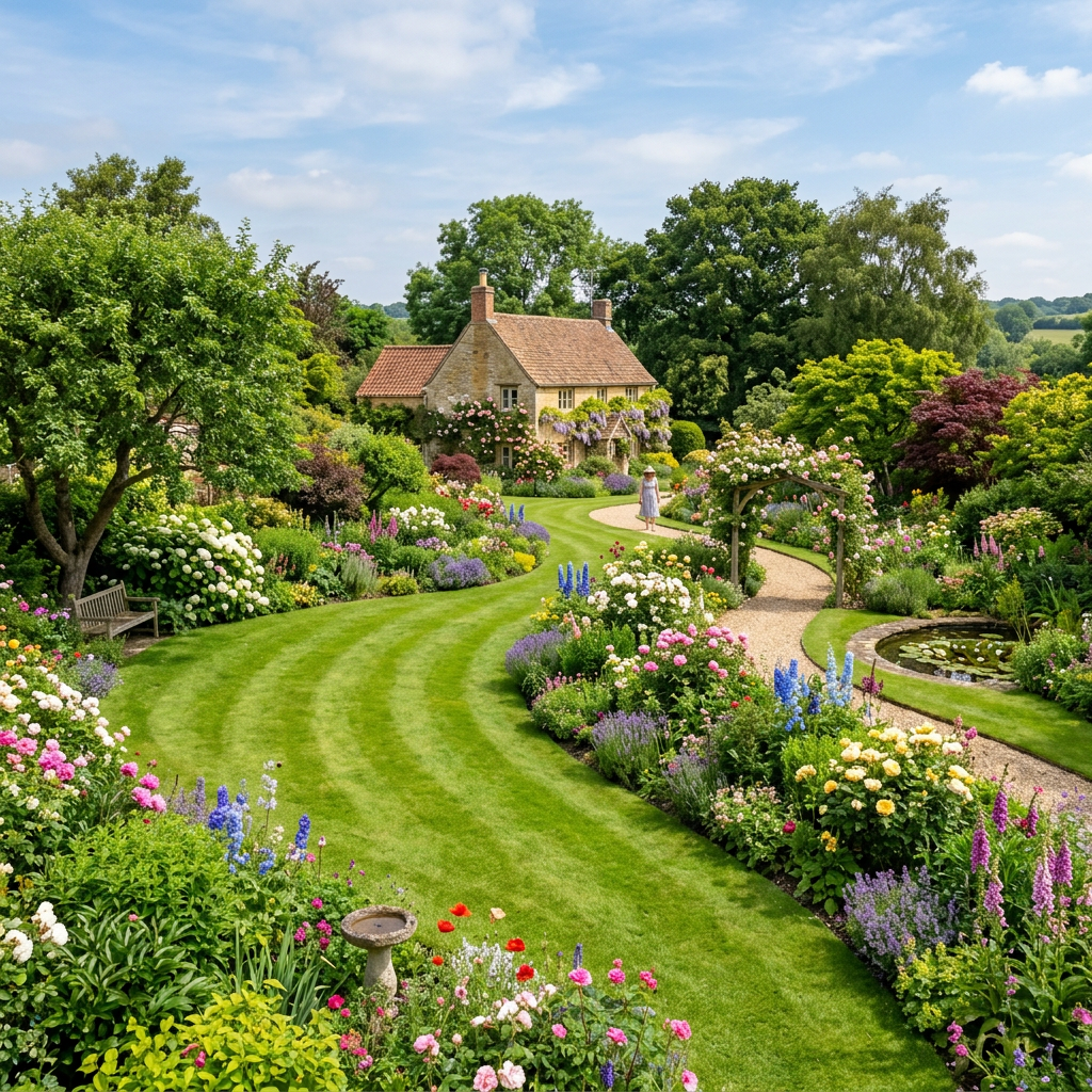 Stone cottage surrounded by lush garden, paths, flowers, and trees under blue sky