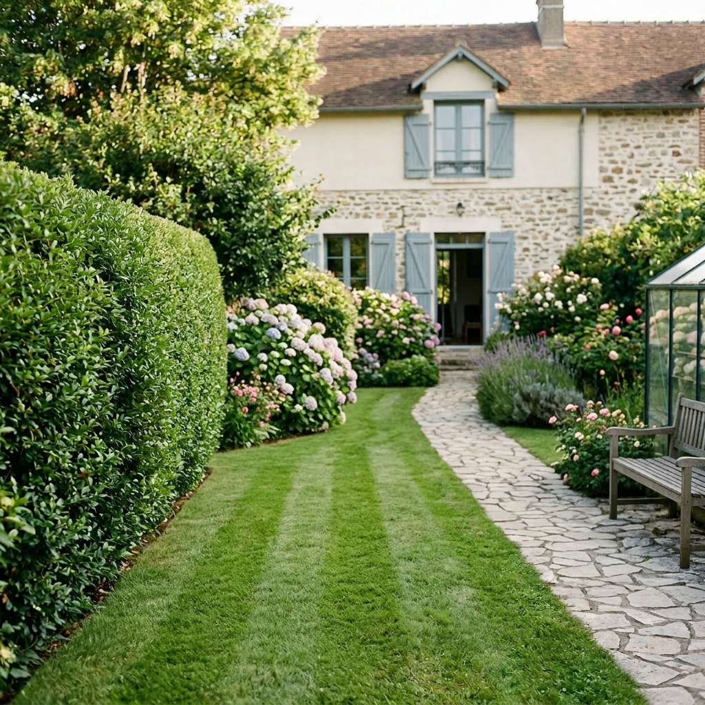 Stone cottage with blue shutters at the end of a grassy path bordered by flowers and shrubs