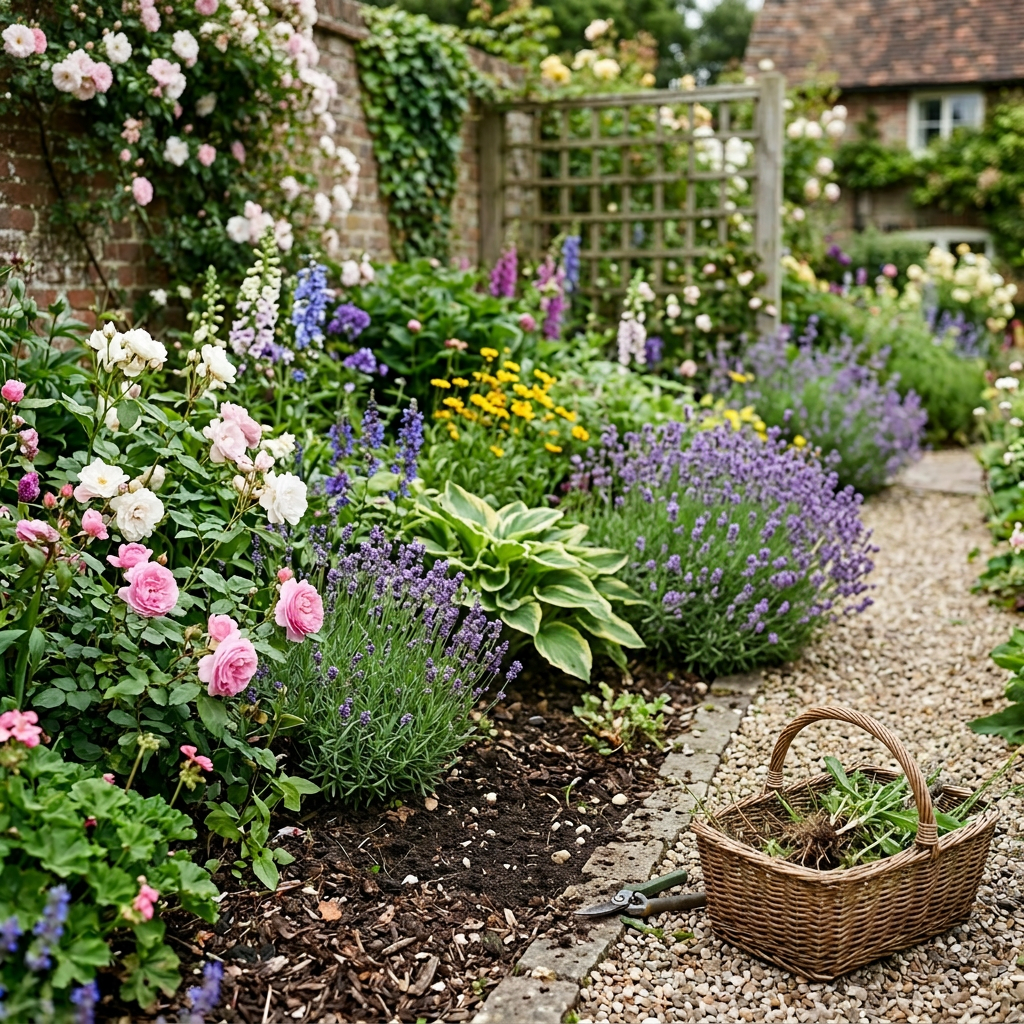 Woman gardening and weeding a flowerbed with gloves and a small shovel