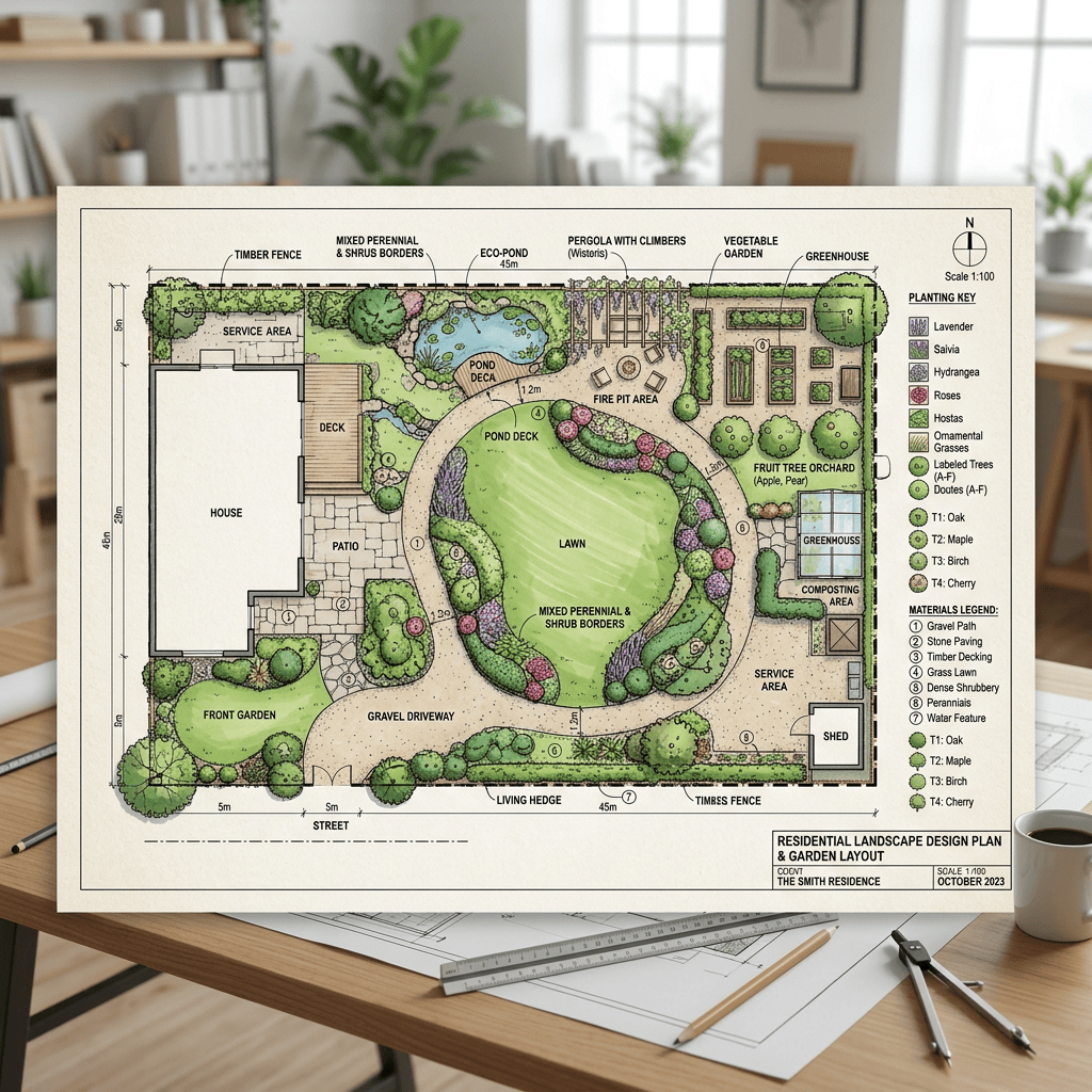 Residential landscape design plan showing house, lawn, gardens, pathways, and planting key