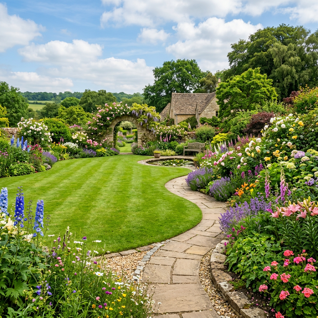 Winding stone pathway through English garden with colorful flowers and stone flower arch