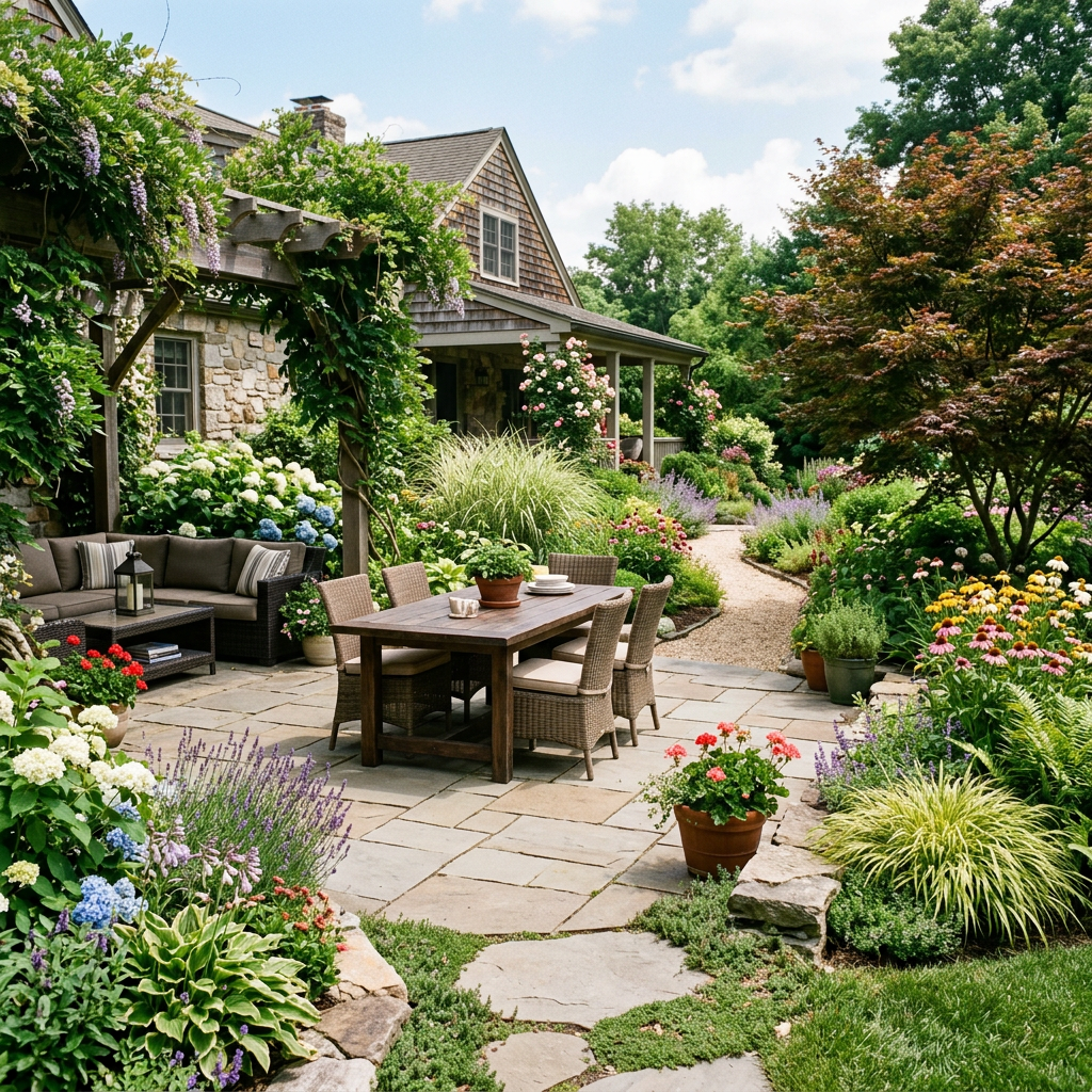 Outdoor patio with table and chairs amid colorful flowers and greenery
