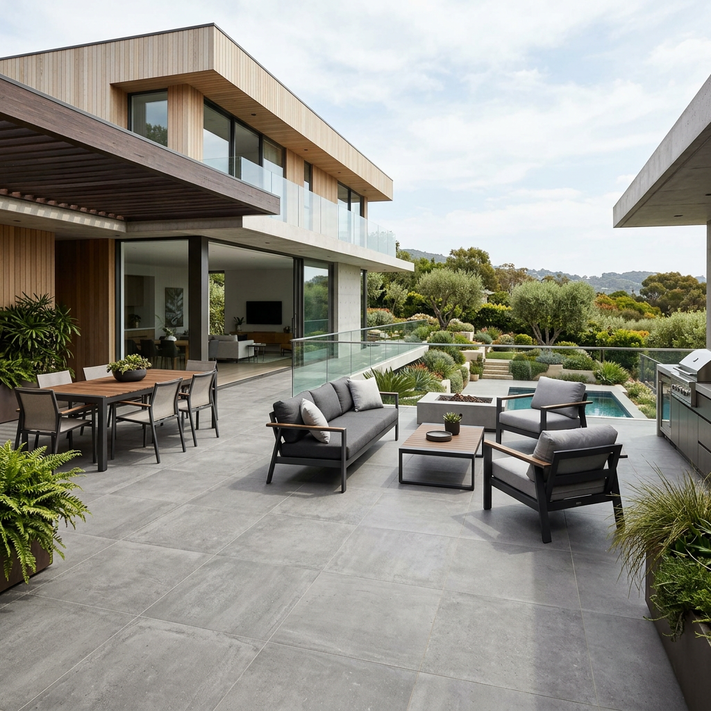 Outdoor patio with modern furniture, dining table, glass railing, and garden landscape
