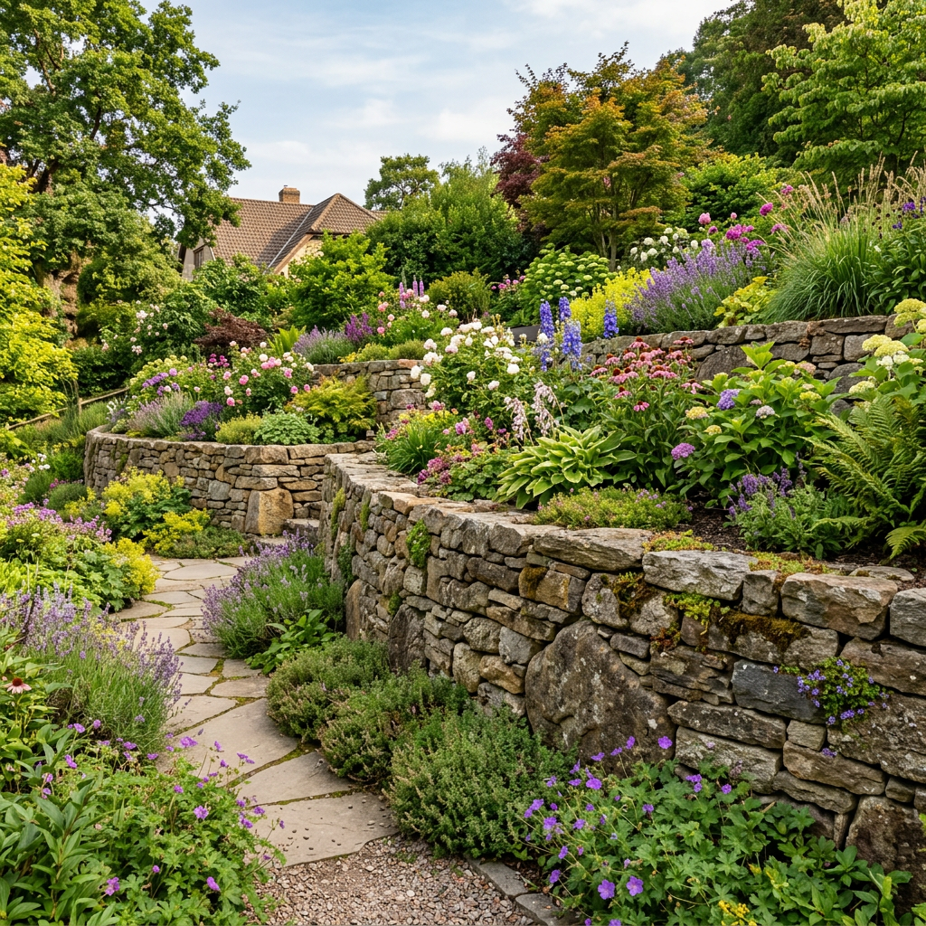 Terraced garden with stone walls and diverse flowering plants
